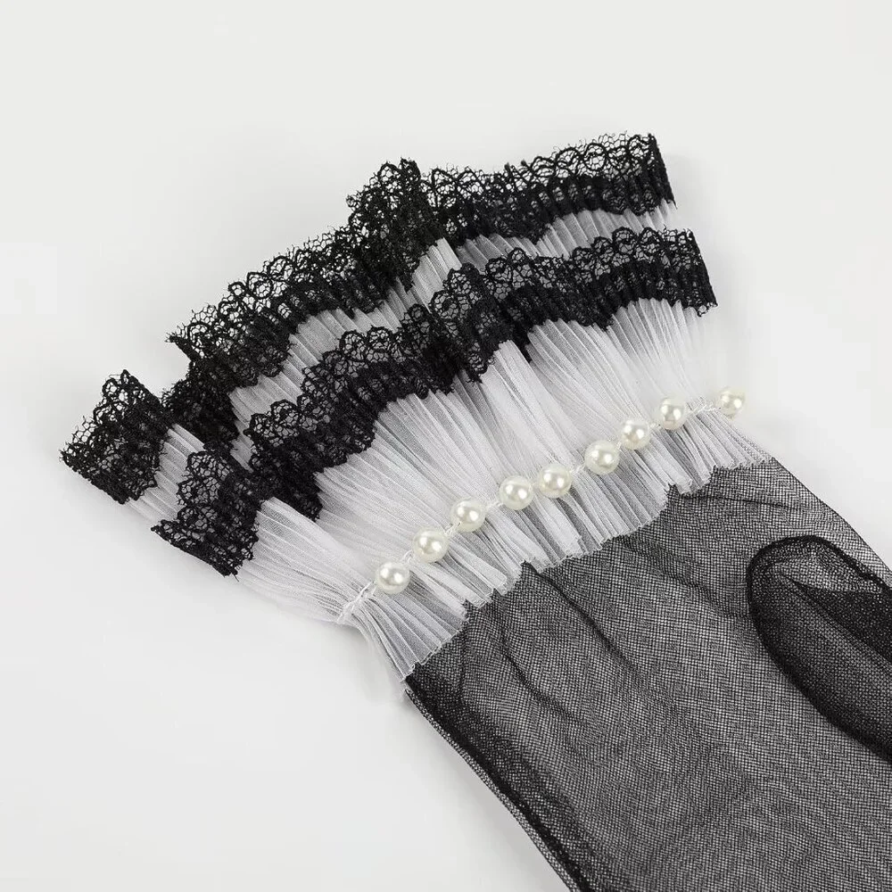 Women's Black 05 Floral Short Length Lace Tulle Mesh Wrist Wedding Party Gloves
